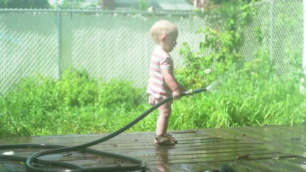 Menina Bebê Brincando Com Água Jardim Com Cão — Vídeo de Stock