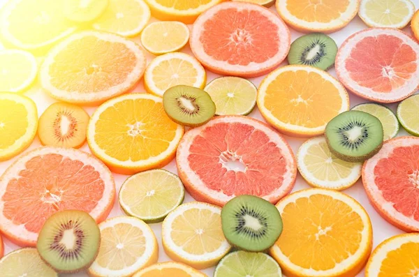 Narancs Grépfrút Egyéb Gyümölcsök Szeletelt — Stock Fotó