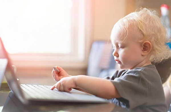 Bambino Che Gioca Con Computer Portatile — Foto Stock