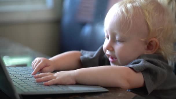 小さな赤ちゃんのラップトップ コンピューターを使用する学習 — ストック動画