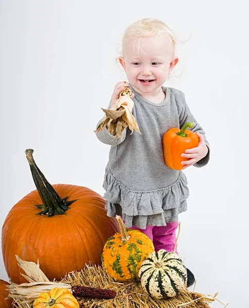 Little baby   with pumpkins on white background