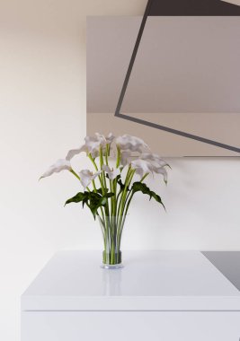 3D iç grafik odası render rasgele mobilya ve çeşitli malzeme ile