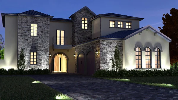 Dış Gece Illüstrasyon Grafik Modern Mediterrain Villa Işık Render - Stok İmaj