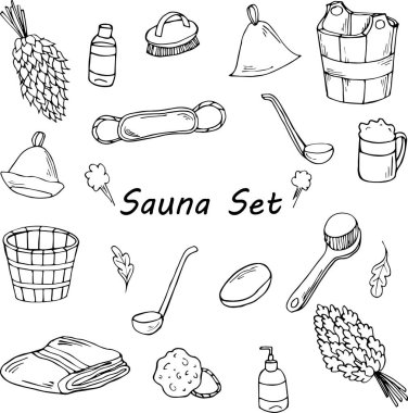 Sauna Doodle küme. Elle çizilmiş aksesuarları banyo. Beyaz arka plan üzerinde izole vektör çizim