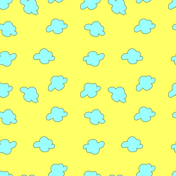 Naadloze Patroon Van Blauwe Wolken Geïsoleerd Gele Achtergrond Hand Getekende — Stockvector