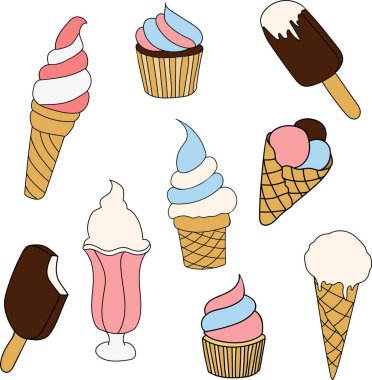 Tatlı dondurma seti ve lezzetli dondurulmuş dondurma koleksiyonu