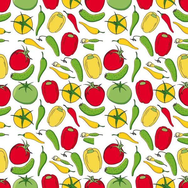 Vegetable Seamless Pattern Cucumbers Tomatoes Peppers Isolated White Background — Stock Vector