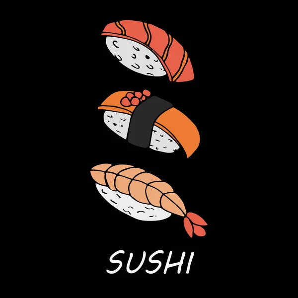 黑色背景的虾 鲑鱼和金枪鱼寿司 — 图库矢量图片