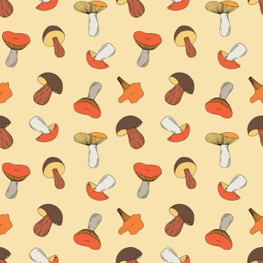 Vektör seamless modeli mantar. Parlak çizgi film illüstrasyon tebrik kartı tasarımı, kumaş ve duvar kağıdı için.