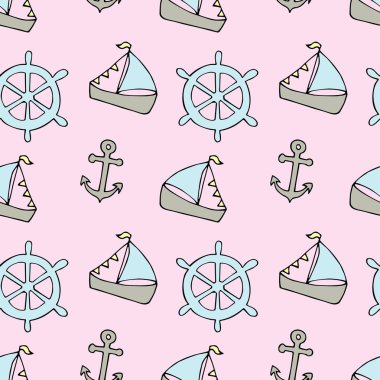 Gemi ile deniz sorunsuz vektör desen. Parlak çizgi film gösterim amacıyla çocuk tebrik kartı tasarımı, kumaş ve duvar kağıdı.
