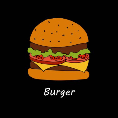 Siyah arka plan üzerine Burger. Çizgi film gösterim amacıyla menü kart tasarımı el çekilmiş