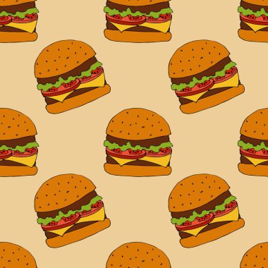 Burger seamless modeli. çizilmiş şekil ver. Parlak çizgi film illüstrasyon menü tasarımı, kumaş ve duvar kağıdı.