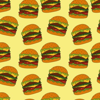 Burger seamless modeli. çizilmiş şekil ver. Parlak çizgi film illüstrasyon menü tasarımı, kumaş ve duvar kağıdı.
