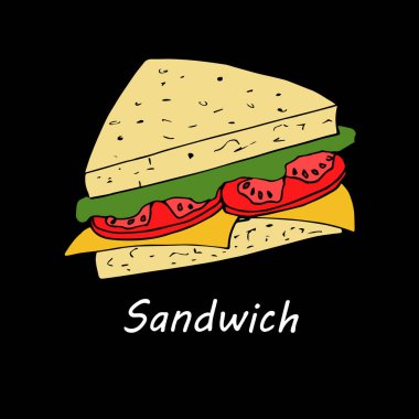 siyah arka plan üzerine sandviç. El illüstrasyon karikatür tarzı menü kart tasarımı için çekilmiş