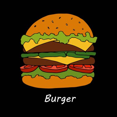 Siyah arka plan üzerine Burger. Çizgi film gösterim amacıyla menü kart tasarımı el çekilmiş