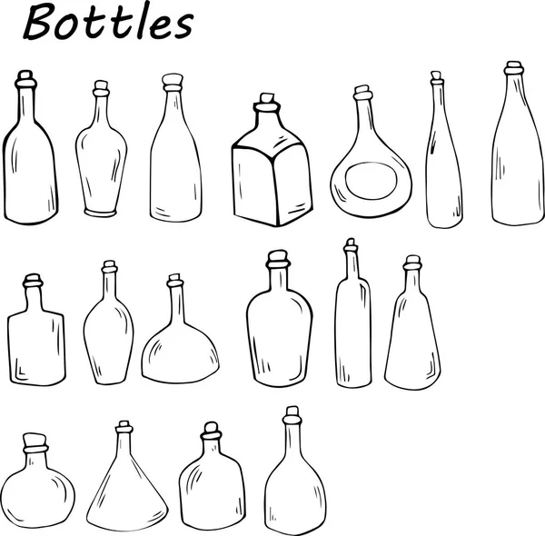 Uppsättning Flaskor Tecknad Stil Handritad Illustration Isolerade Vit Bakgrund — Stock vektor