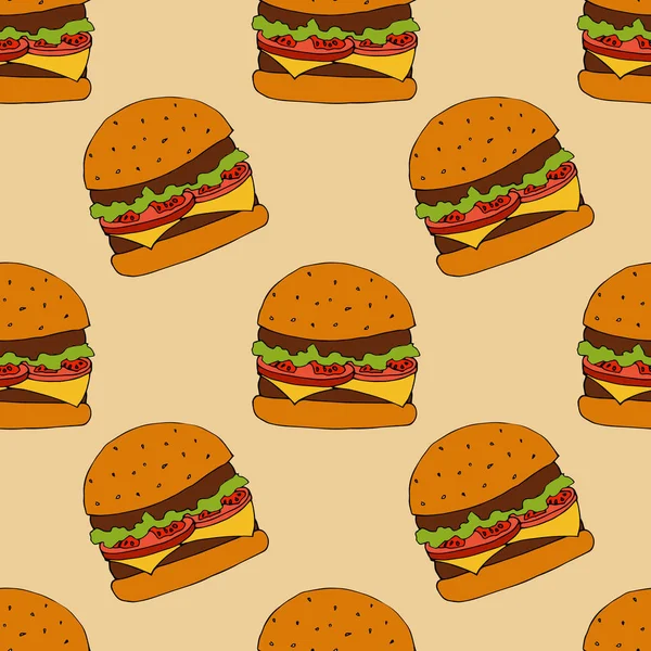 Burger seamless modeli. çizilmiş şekil ver. Parlak çizgi film illüstrasyon menü tasarımı, kumaş ve duvar kağıdı.