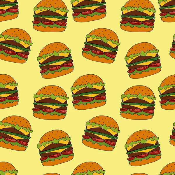 Burger seamless modeli. çizilmiş şekil ver. Parlak çizgi film illüstrasyon menü tasarımı, kumaş ve duvar kağıdı.