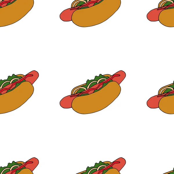 Modello Senza Soluzione Continuità Hotdog Illustrazione Disegnata Mano Illustrazione Luminosa — Vettoriale Stock