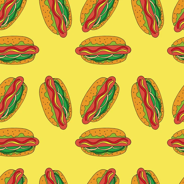 Hotdog Χωρίς Ραφή Πρότυπο Χέρι Συρμένη Απεικόνιση Φωτεινό Καρτούν Εικονογράφηση — Διανυσματικό Αρχείο