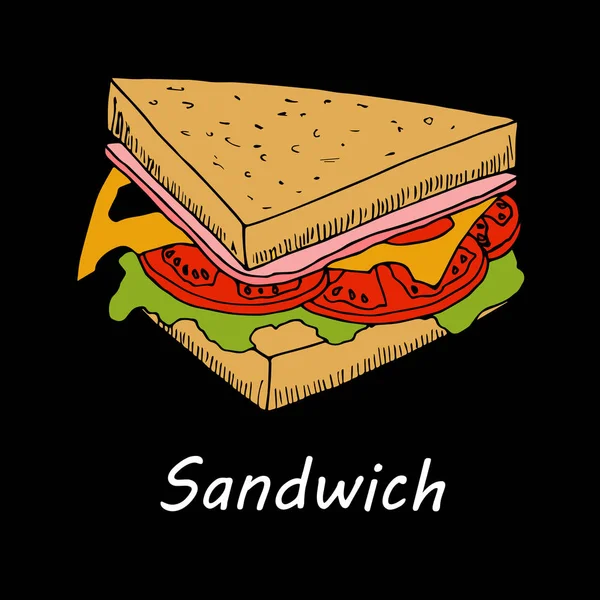 黒い背景にサンドイッチ メニュー カード デザインの漫画のスタイルで手書きの図 — ストックベクタ