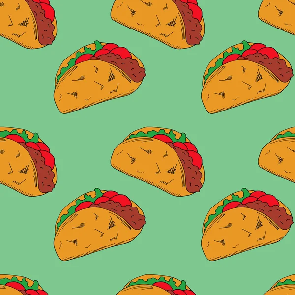 Taco seamless modeli. çizilmiş şekil ver. Parlak çizgi film gösterim amacıyla çocuk tebrik kartı tasarımı, menü, kumaş ve duvar kağıdı.
