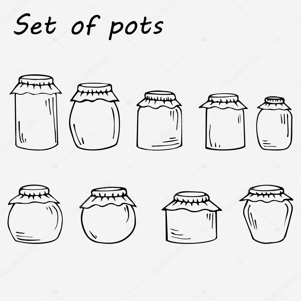 Set of jam pots in cartoon style. Hand drawn illustration isolated on white background.