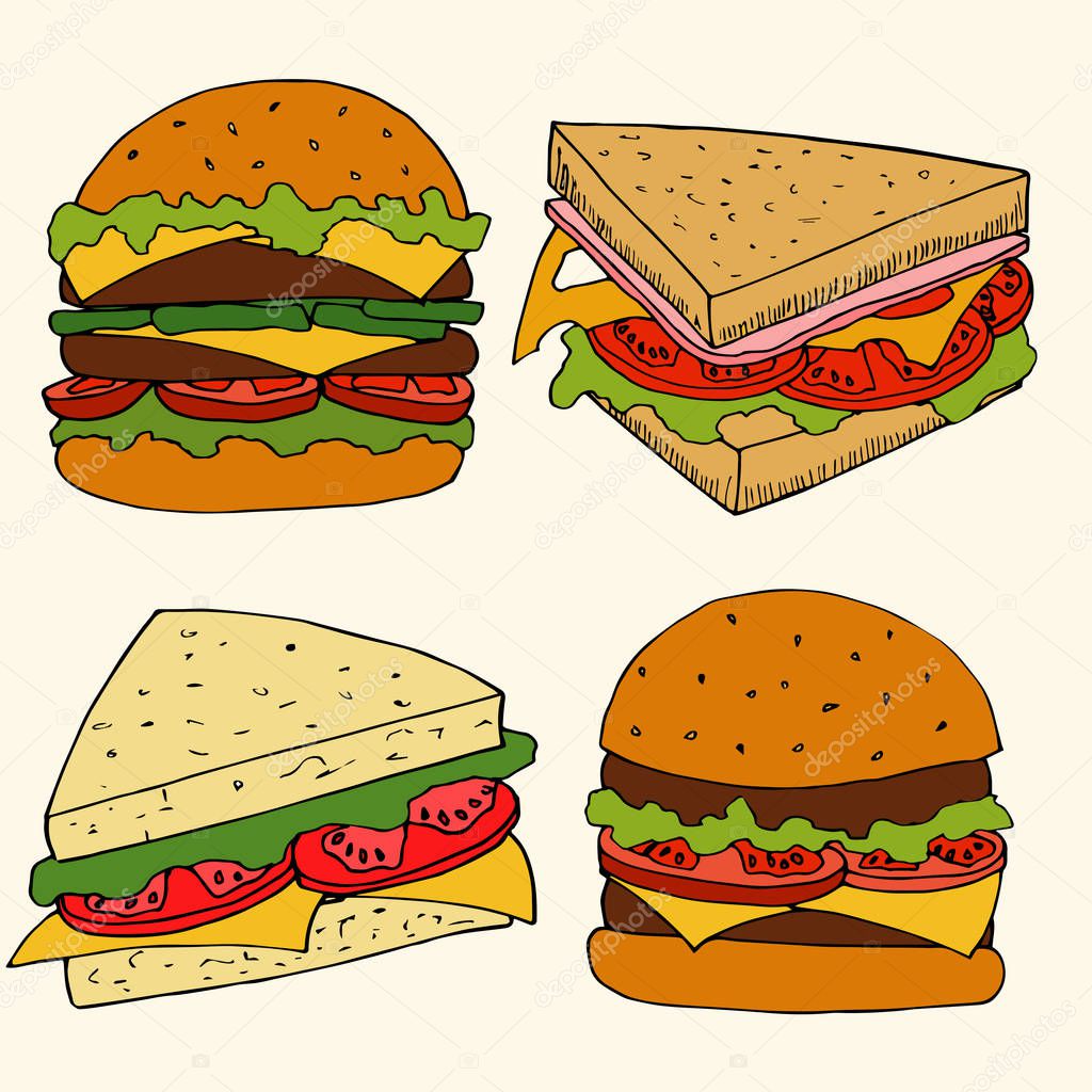 Hand drawn illustration of fastfood in cartoon style. Colorful burgers and sandwiches vector illustration for menu design