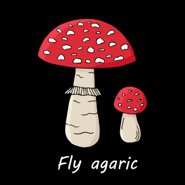 Zehirli mantar siyah arka plan üzerine. vektör çizim karikatür tarzı kart tasarımı için