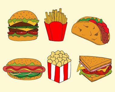 fastfood karikatür tarzı Illustration. Renkli Burger ve sandviç menü tasarımı için illüstrasyon vektör