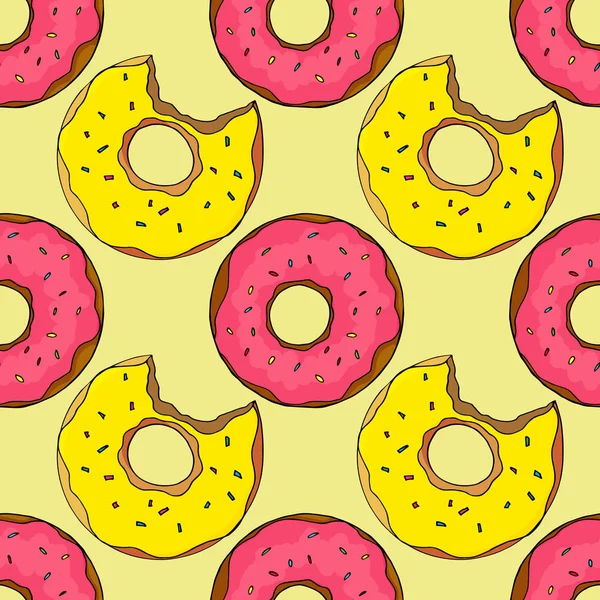 Donuts patrón sin costuras. Ilustración de dibujos animados brillantes para el diseño de tarjetas de felicitación para niños, menú, tela y papel pintado . — Vector de stock