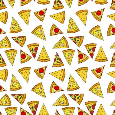 Dikişsiz desen karikatür tarzı pizza. Menü, kartı, tekstil tasarımı için mükemmel