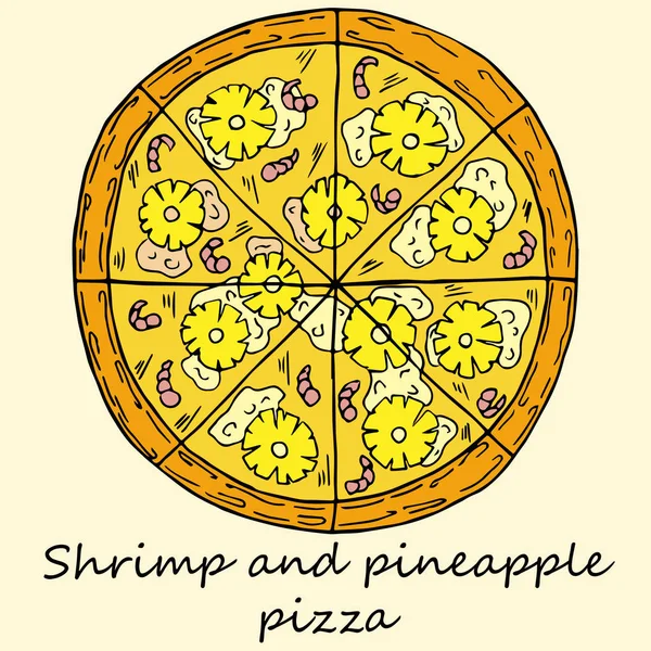 Handgezeichnete Illustration einer Pizza im Cartoon-Stil. perfekt für Menü, Karte, Textildesign — Stockvektor
