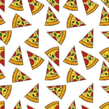 Dikişsiz desen karikatür tarzı pizza. Menü, kartı, tekstil tasarımı için mükemmel