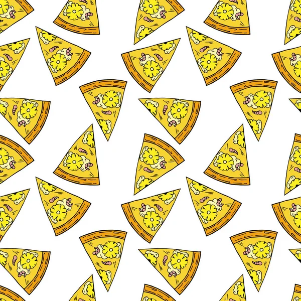 Patrón sin costuras de pizza en estilo de dibujos animados. Perfecto para menú, tarjeta, diseño textil — Vector de stock