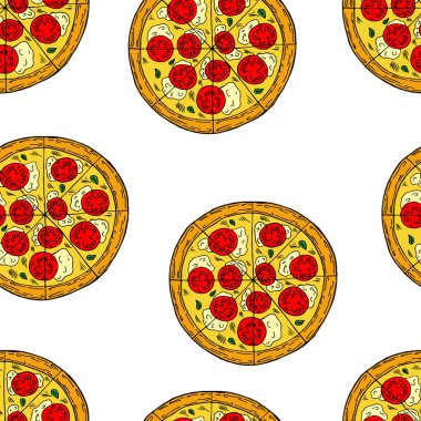 Dikişsiz desen karikatür tarzı pizza. Menü, kartı, tekstil tasarımı için mükemmel