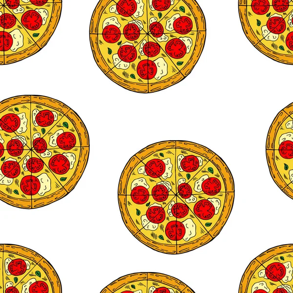 Nahtloses Muster von Pizza im Cartoon-Stil. perfekt für Menü, Karte, Textildesign — Stockvektor