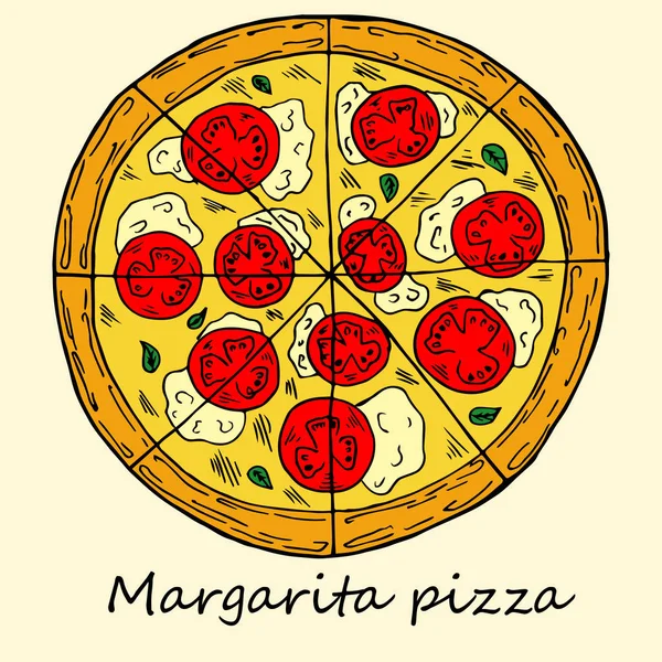 Handgezeichnete Illustration einer Pizza im Cartoon-Stil. perfekt für Menü, Karte, Textildesign — Stockvektor