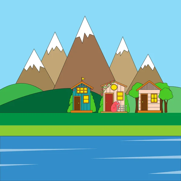 Paisagem verão. Ilustração vetorial da paisagem de verão casas, montanhas e árvores —  Vetores de Stock