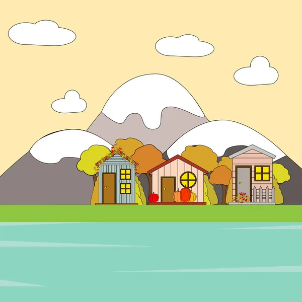 Paysage d'automne. Illustration vectorielle des paysages automnaux maisons, montagnes et arbres — Image vectorielle