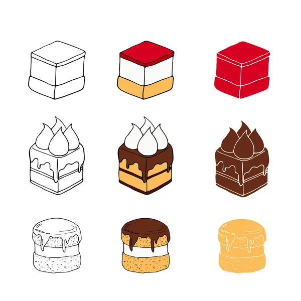 Conjunto de pasteles dulces con diferentes ingredientes en tres estilos. Perfecto para menú, tarjeta, textil, diseño de envases de alimentos . — Vector de stock