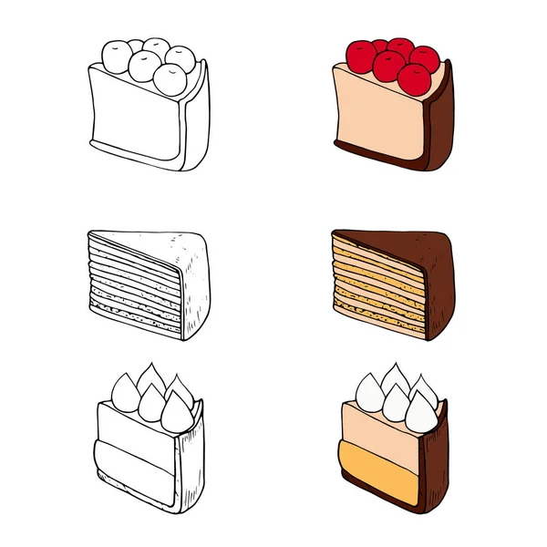 Conjunto de pasteles dulces con diferentes ingredientes en dos estilos. Perfecto para menú, tarjeta, textil, diseño de envases de alimentos . — Vector de stock