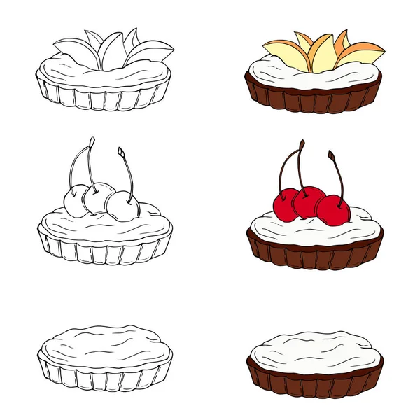 Набор сладких тарталетки с различными начинками в двух стилях. Перфект для дизайна меню, карточек, текстиля, упаковки продуктов питания . — стоковый вектор