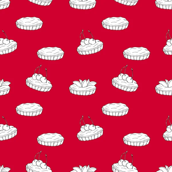 Naadloze vector patroon van tartlets op rode achtergrond. Perfect voor menu, kaart, textiel voor voedsel pakket design — Stockvector