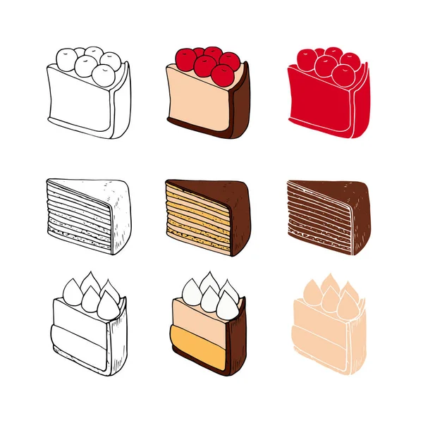 Conjunto de pasteles dulces con diferentes ingredientes en tres estilos. Perfecto para menú, tarjeta, textil, diseño de envases de alimentos . — Vector de stock