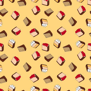 Sorunsuz vektör desen sarı zemin üzerine kek. Menü, kartı, tekstil, gıda ambalaj tasarımı için mükemmel