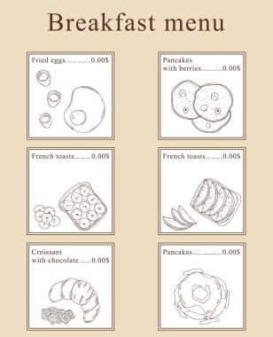 Kahvaltı menü tasarımı. Vektör karikatür çizim. Menü tasarımı için mükemmel.
