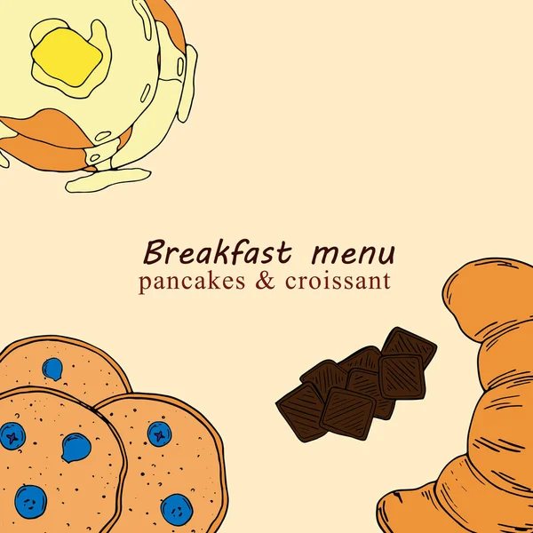 Illustration dessinée à la main du menu du petit déjeuner en style dessin animé. Parfait pour menu, carte, design textile — Image vectorielle