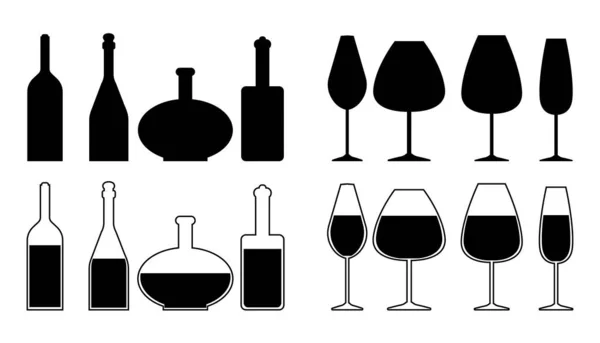 Σετ από διαφορετικά μπουκάλια κρασιού και ποτήρια κρασιού — Διανυσματικό Αρχείο
