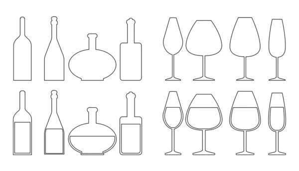 Ensemble de différentes bouteilles de vin et verres à vin — Image vectorielle